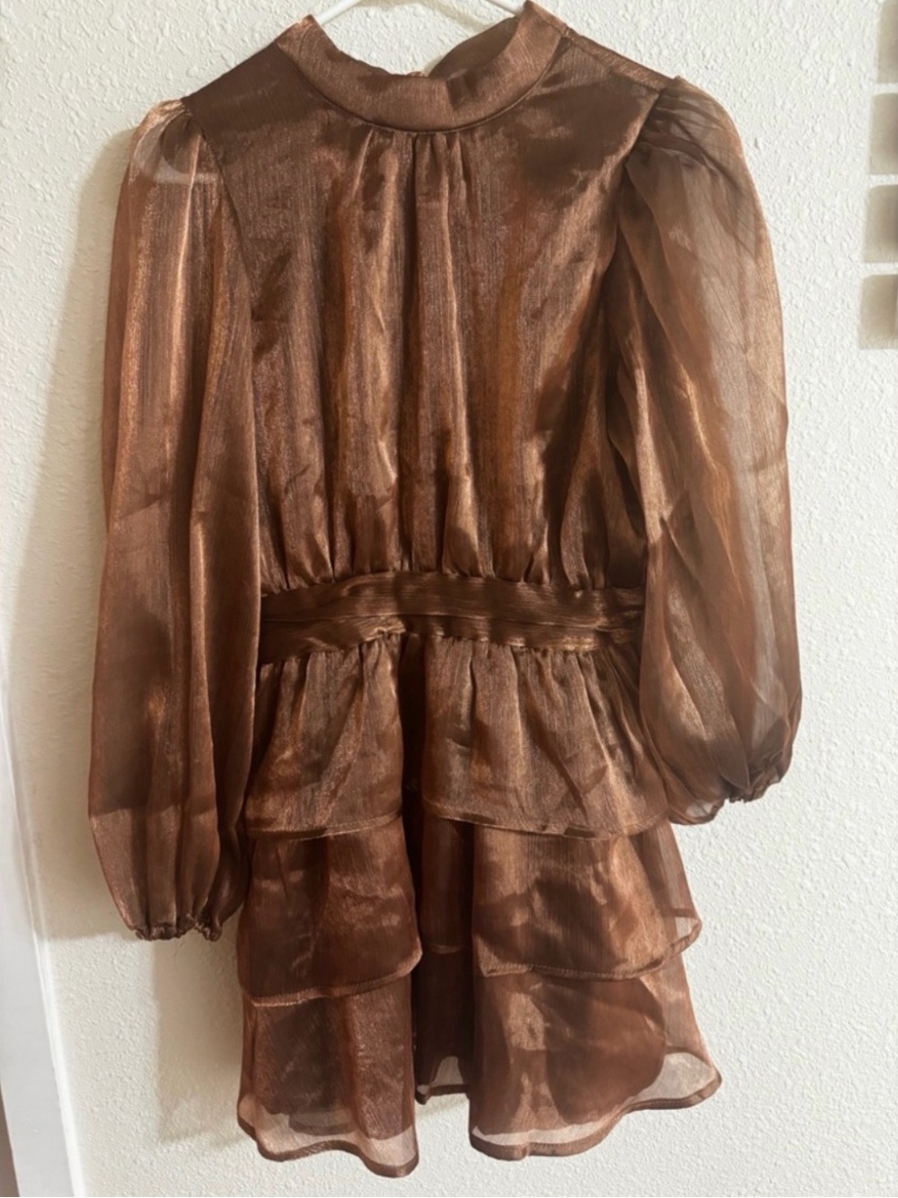 Lulu's Metallic Bronze Sheer Long-Sleeve Tiered Mini Dress